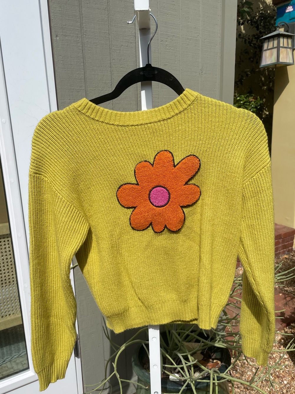 Kids Forever 21 Yellow Cropped Crewneck Sweater with Orange & Pink Flower Patch